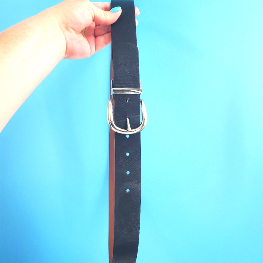 Black leather belt silver tone buckle